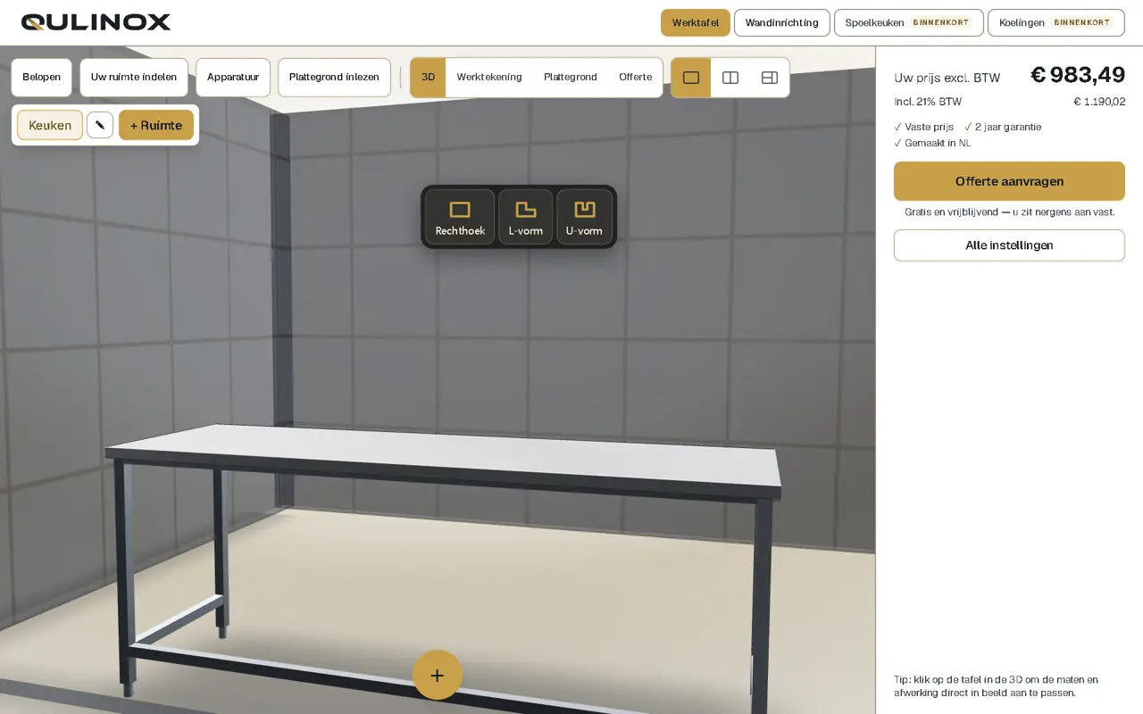 De Qulinox 3D-configurator met een RVS-werktafel en live prijsberekening