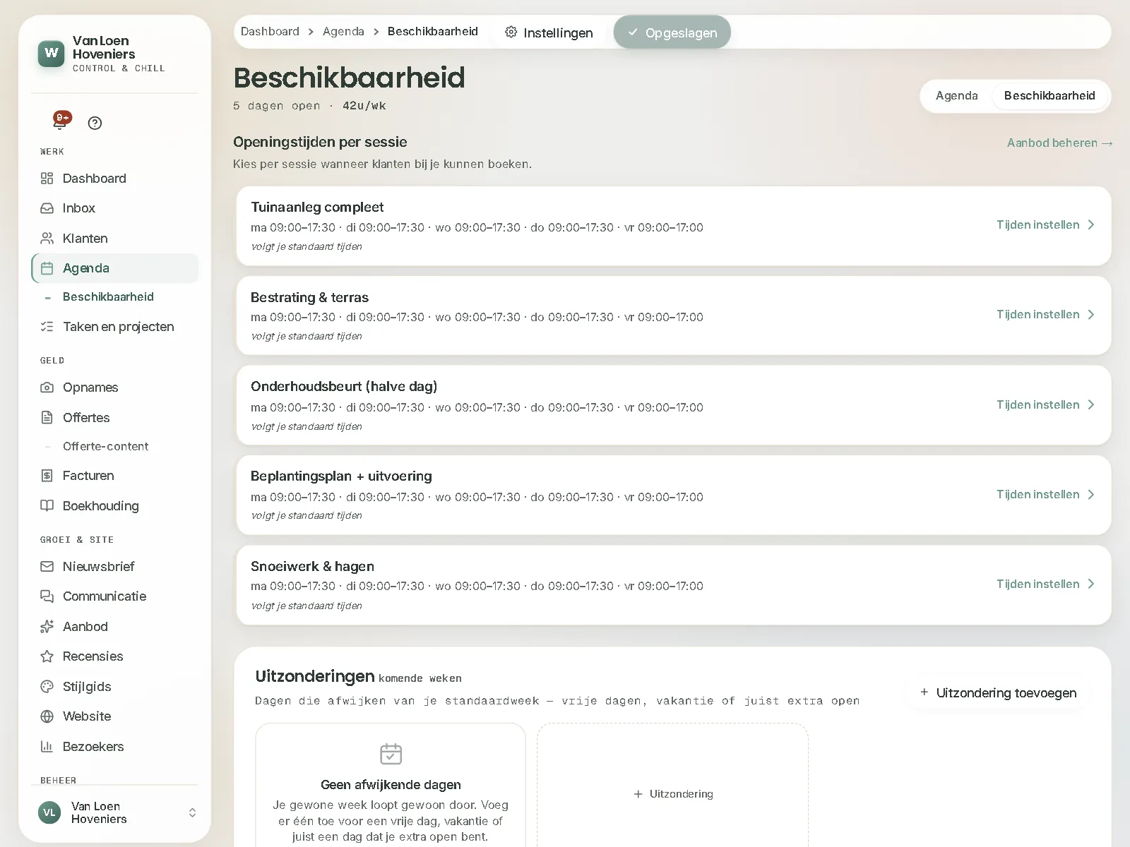 Beschikbaarheid per dienst: de dagen en tijden waarop klanten kunnen boeken