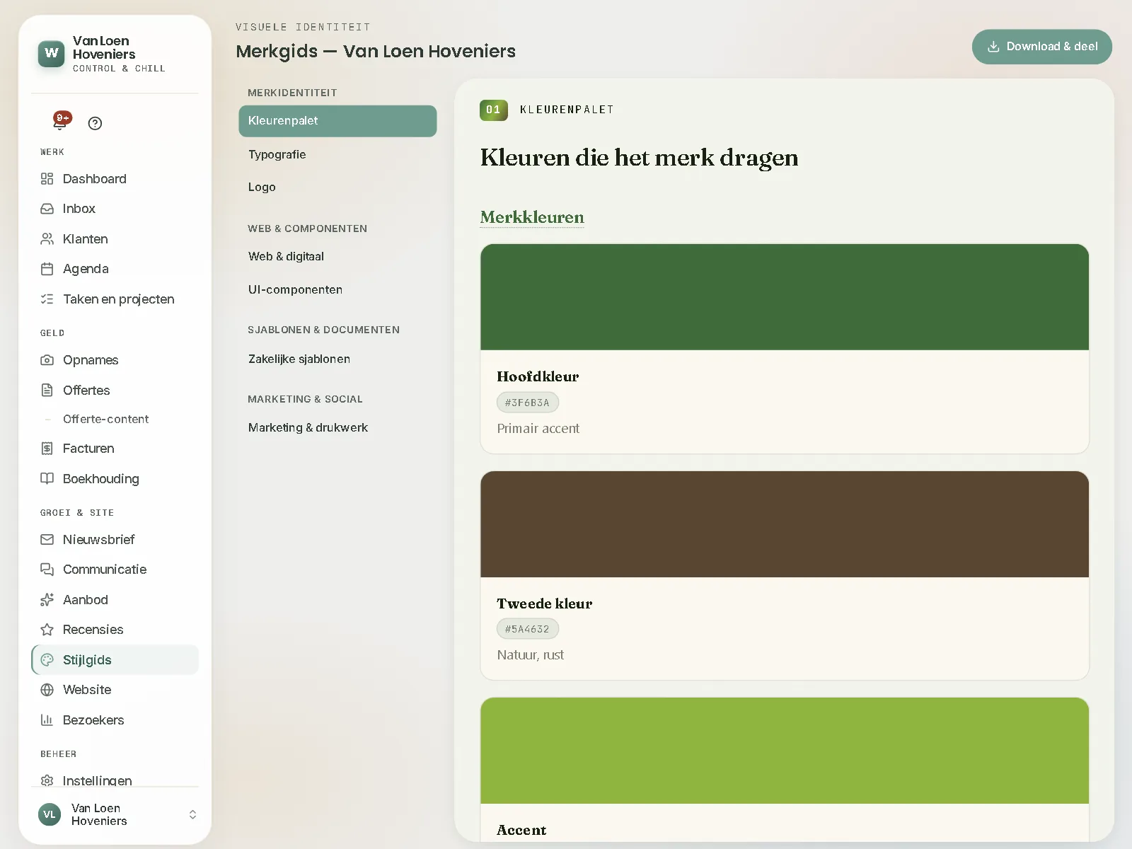 Merkgids van Van Loen Hoveniers met het kleurenpalet, de merkkleur en de accentkleur