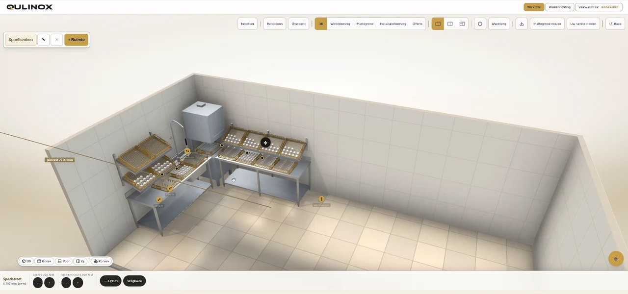 Een geselecteerde spoelstraat in de configurator met zijn maten: 6.387 mm breed, 700 mm diep, werkhoogte 900 mm, en de aansluitpunten in beeld