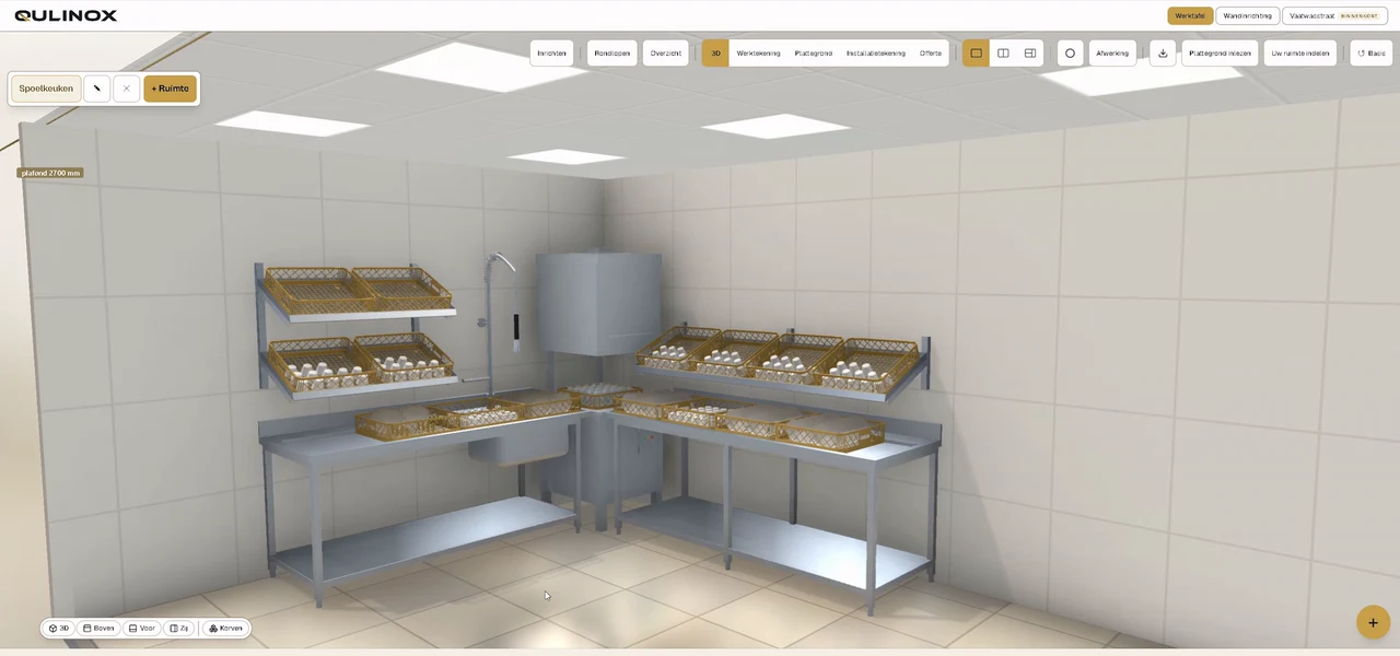 De Qulinox-configurator met een complete spoelkeuken in 3D en de balk met 3D, werktekening, plattegrond, installatietekening en offerte